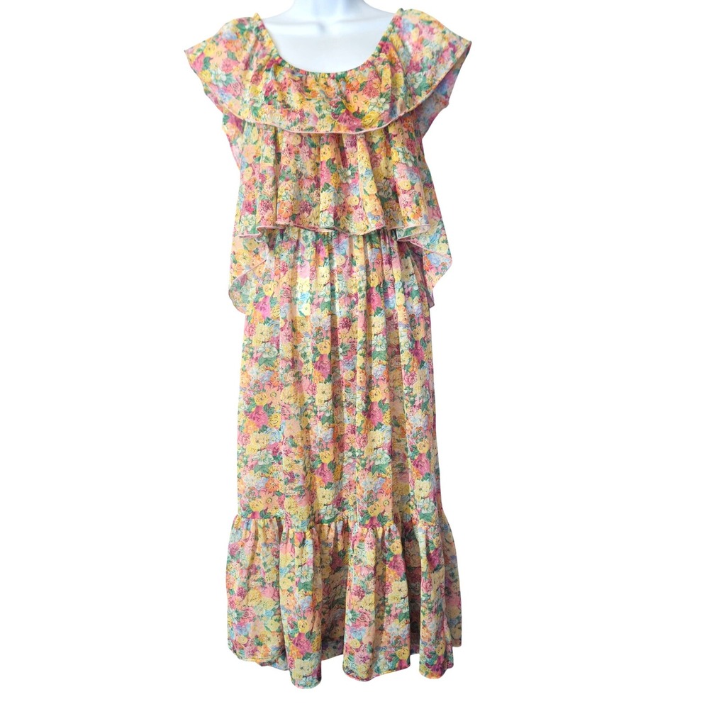 Vtg 70s Sears JR Bazaar Floral dress Pastel Ruffle Tiered On/Off Shoulder Prarie